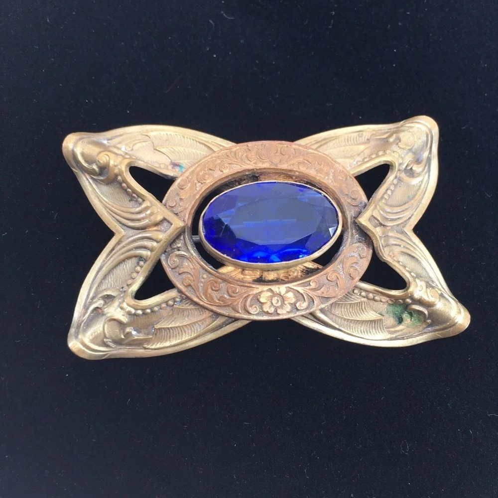 Antique Victorian Brass Bronze Blue Glass Brooch Pin Old Estate Costume Jewelry
